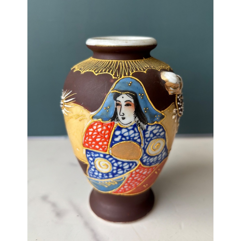Vintage Japanese Moriage Dragon Geisha Bud Vase Made in Japan Brown Gold Gilt 5"